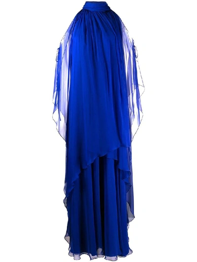 Alberta Ferretti Draped Silk Chiffon Long Dress In Blue