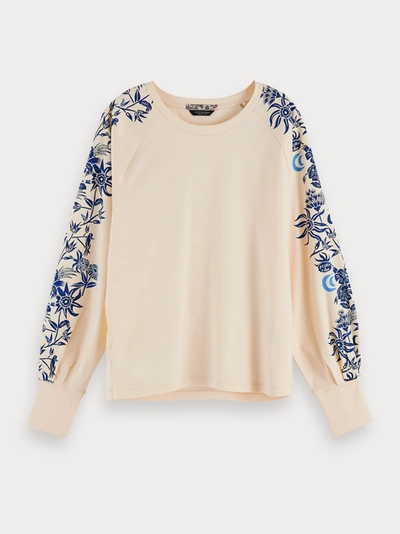 Scotch & Soda Printed 100% Cotton Long Sleeve T-shirt In Beige