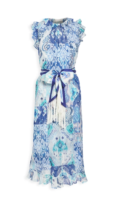 Zimmermann Glassy Ruffle Shoulder Dress In Blue Ikat Patch