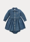 Polo Ralph Lauren Girls' Long Sleeve Denim Dress & Bloomers Set - Baby In Indigo Blue
