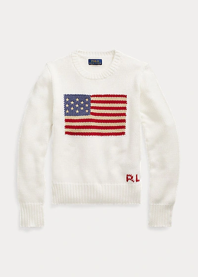 Polo Ralph Lauren Kids' White Sweater For Girl With Iconic Flags In Ivory