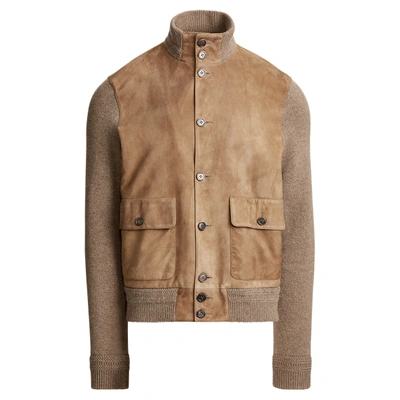 Ralph Lauren Suede-front Cashmere Cardigan In Taupe Melange