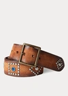 Double Rl Studded Roughout Leather Belt In Light Brown