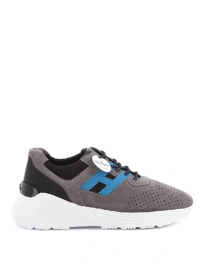 Hogan Active One Sneaker Made Of Gray Suede With H In Light Blue Leather In Grey