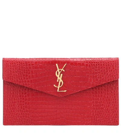 Saint Laurent Uptown Croc-effect Leather Clutch In Red