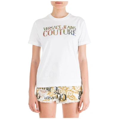 Versace Jeans Couture Women's T-shirt Short Sleeve Crew Neck Round Flower In Bianco