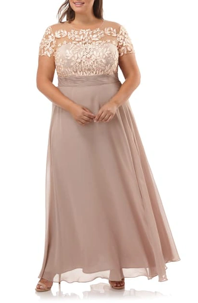 Js Collections Floral Embroidered Chiffon Gown In Blush Nude