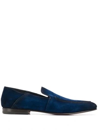 Santoni Almond-toe Suede Loafers In Dark Blue