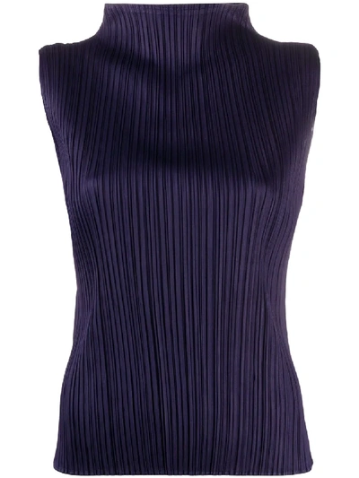 Issey Miyake Pleated Sleeveless High-neck Top In Blue