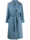 Sara Lanzi Long Sleeve Belted Trench Coat In Blue