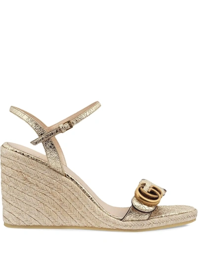 Gucci Metallic Double G Espadrille Wedge Sandals 85 In Gold