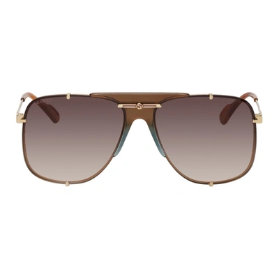 Gucci Gold & Brown Bold Bridge Aviator Sunglasses In 002 Gold
