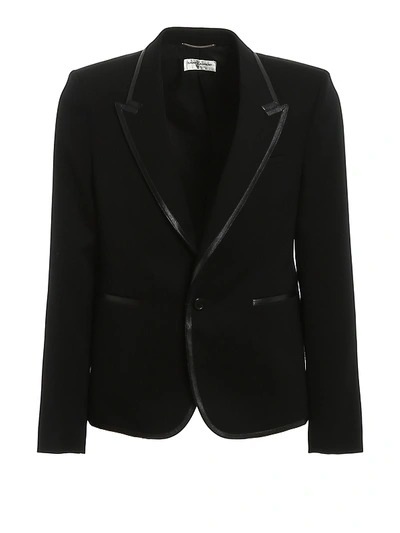 Saint Laurent Leather-trim & Wool Suit Jacket In Black