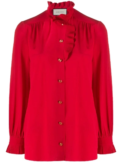 Gucci Pleated Trim Buttoned Blouse In Red