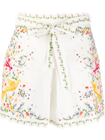 Zimmermann Carnaby Belted Embroidered Linen And Cotton-blend Shorts In White
