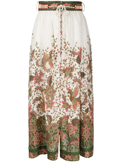 Zimmermann Empire Belted Floral-print Cotton-gauze Midi Skirt In Khaki