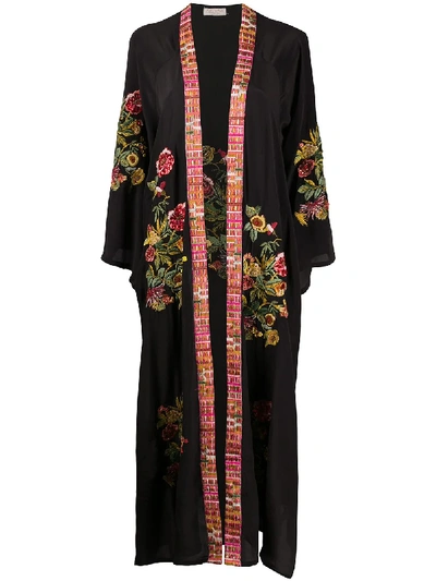 Anjuna Floral Embroidered Robe In Black