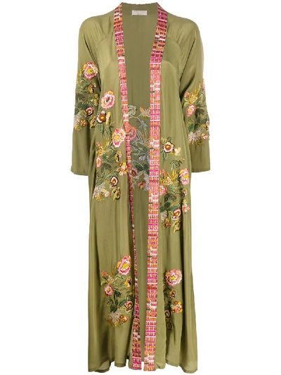 Anjuna Floral Embroidered Robe In Green