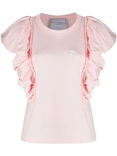 Philosophy Di Lorenzo Serafini Ruffle Sleeve Embroidered Logo T-shirt In Pink