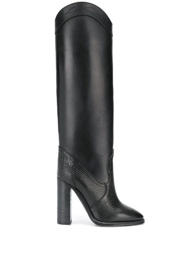 Saint Laurent Kate Smooth And Lizard-effect Leather Knee Boots In Schwarz