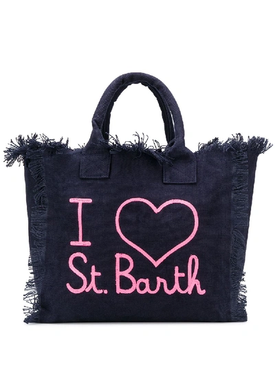Mc2 Saint Barth Slogan-print Frayed Beach Bag In Blue