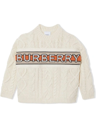 Burberry Babies' Logo Panel Cable Knit Wool Cashmere Jumper In Neutrals