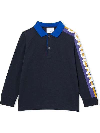 Burberry Babies' Long-sleeve Logo Print Cotton Polo Shirt In Blue