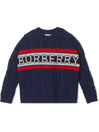 Burberry Babies' Logo Panel Cable Knit Wool Cashmere Jumper In Blue