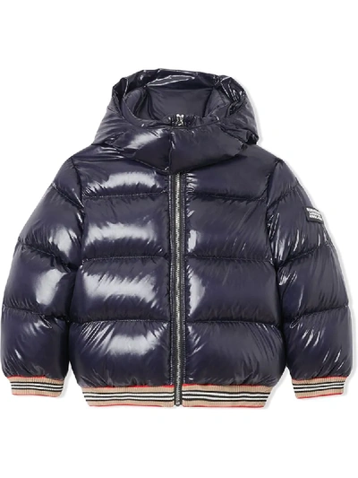 Burberry Babies' Icon Stripe Puffer Jacket In Blue