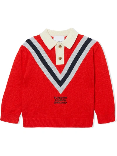 Burberry Babies' Chevron Stripe Polo Shirt In Red