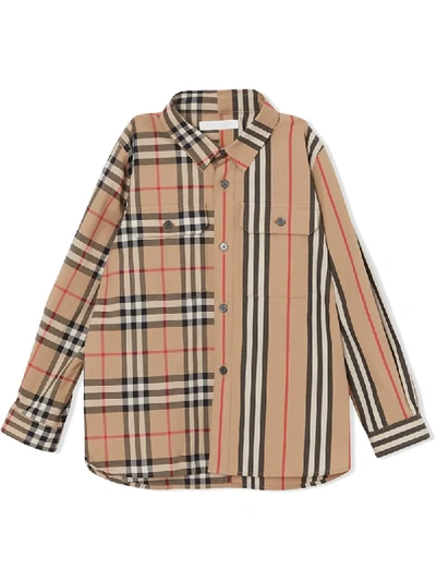 Burberry Babies' Panelled Vintage Check And Iron Stripe Shirt In Neutrals