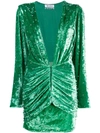 Attico Crystal-embellished Ruched Stretch-velvet Mini Dress In Green