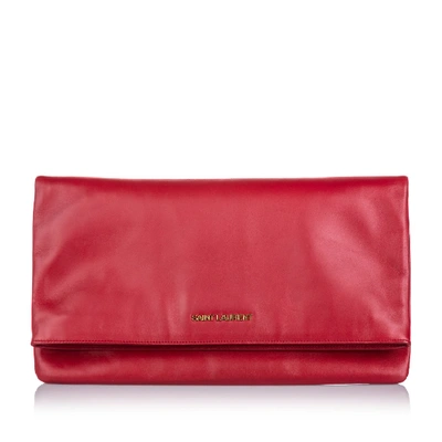 Pre-owned Ysl Leather Fold Over Clutch Bag In Burgundy