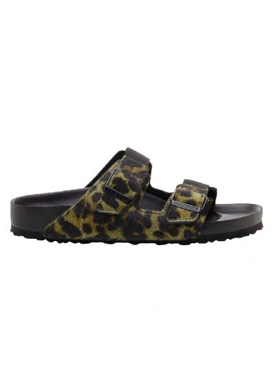 Birkenstock Olive Leopard Print Slide Sandals In Black