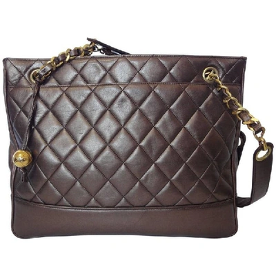 Pre-owned Chanel Vintage  Gunmetal, Bronze Lambskin Tote Bag With Gold Tone Shoulder Strap Chains And Golden Cc In Brown