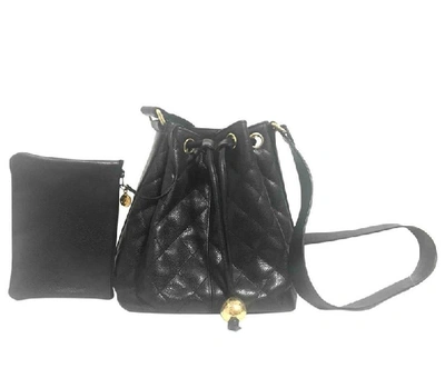 Pre-owned Chanel Vintage  Black Quilted Caviar Leather Hobo Bucket Shoulder Bag With Drawstrings And Golden Cc