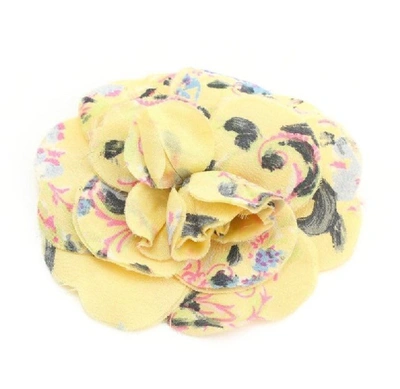 Pre-owned Chanel Vintage  Yellow Based Printed Silk Flower Brooch. Very Elegant Accent On Your Outfit. Classic  In Multicolor