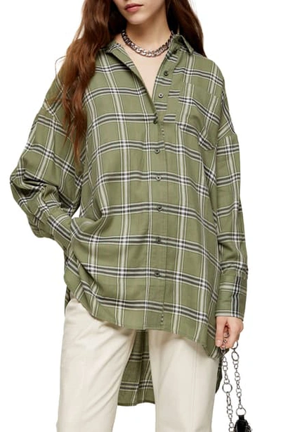 Topshop Oversize Check Shirt In Olive