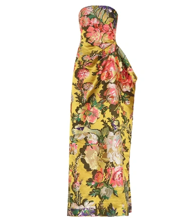 Dries Van Noten Asymmetric Strapless Floral-jacquard Gown In Yellow