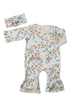 EVERLY BY BABY GREY RUFFLE ROMPER & HEAD WRAP SET,BB108