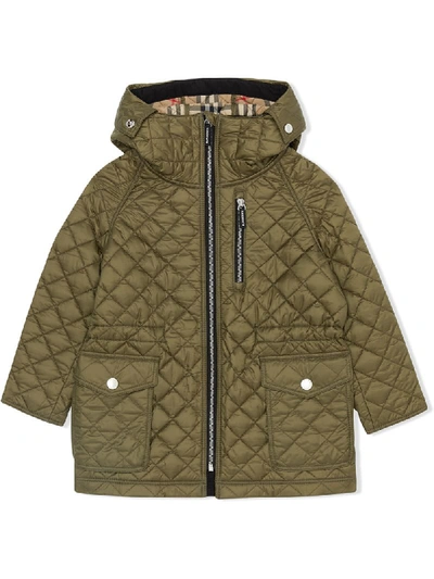 Burberry Kids' Diamond Quilted Hooded Coat In Green