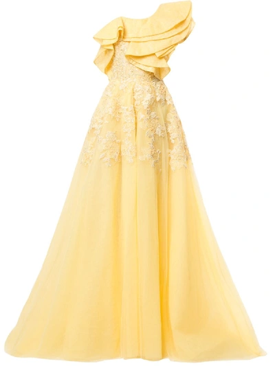 Saiid Kobeisy One Shoulder Embroidered Tulle Gown In Yellow