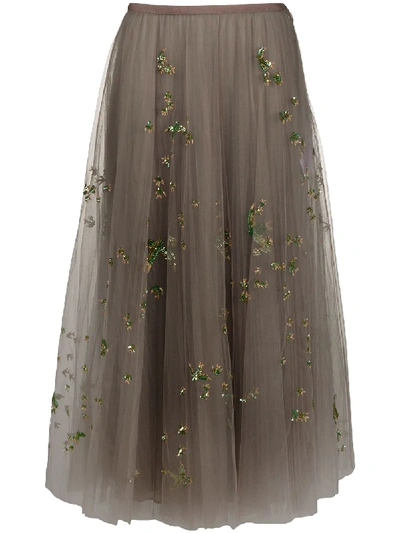 Valentino Birds-embroidered Tulle Skirt In Grey