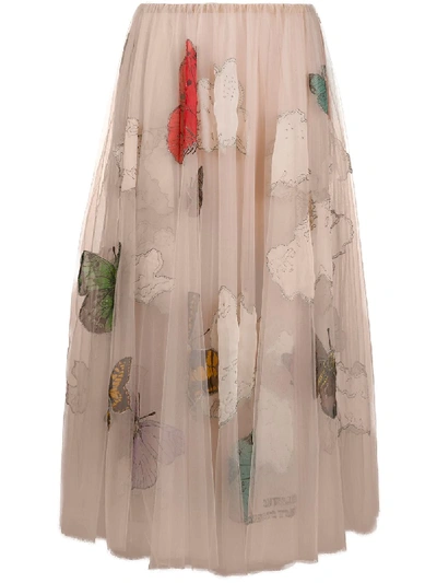 Valentino Butterfly Beaded Tulle Midi Skirt In Pink
