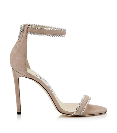 Jimmy Choo Dochas 100 Sandals In Pink Suede With Jewel Trim In Ballet Pink