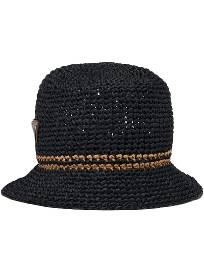 Prada Logo-plaque Raffia Bucket Hat In Black