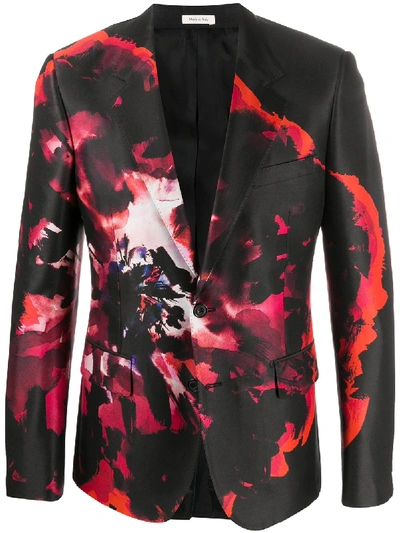 Alexander Mcqueen Floral-print Blazer Jacket In Black