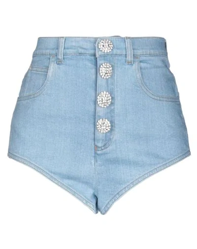 Alessandra Rich Cotton Denim Shorts W/crystals Button In Blue