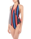 Msgm Halterneck Striped One-piece Swimsuit In Black