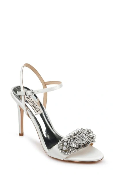 Badgley Mischka Odelia Crystal Embellished Sandal In Soft White Satin